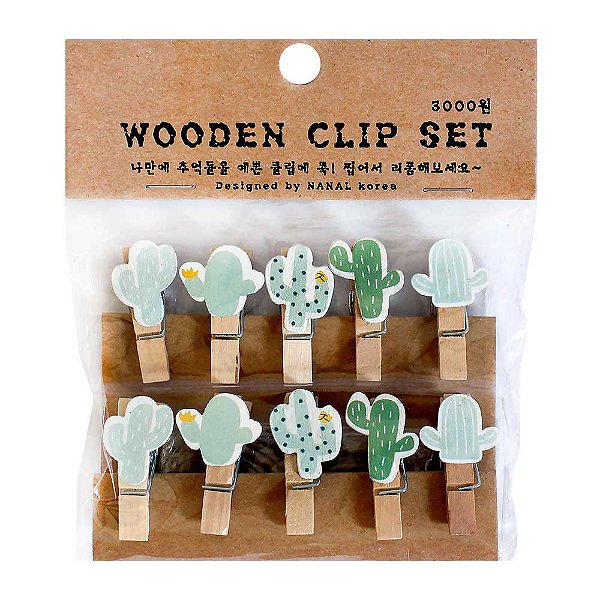 Prendedor de Madeira Com Cordão Wooden Clip Set Cacto