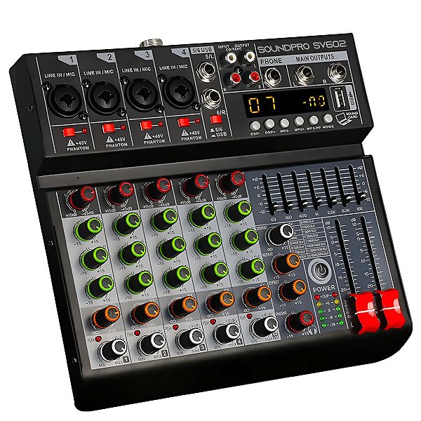 Mesa De Som 6 Canais SoundPro SV602 Mixer Com Efeitos Phantom Power