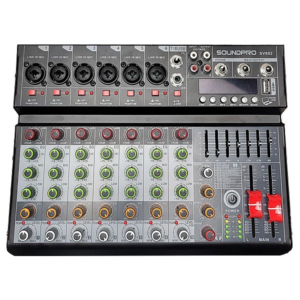 Mesa de Som 8 Canais SoundPro SV802 Mixer Com Efeitos e Phantom Power