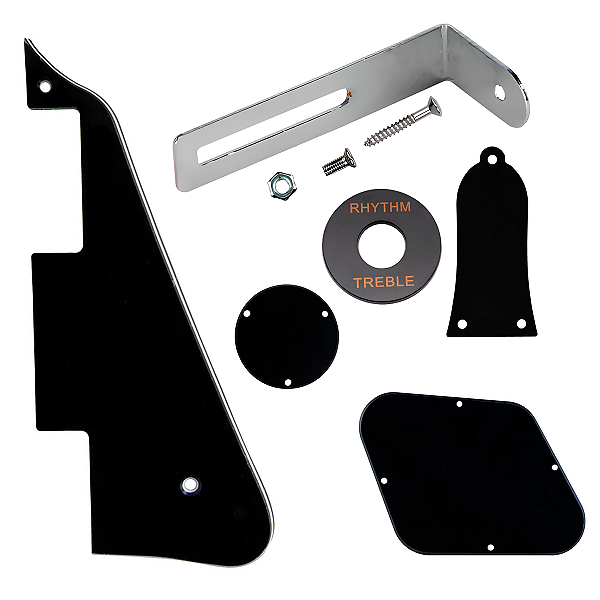 Kit Escudos Para Les Paul Preto - Escudo Dianteiro Com Suporte Traseiro e Capa Do Tensor