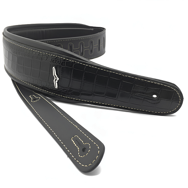 Correia Alça Avs Em Couro Croco Preto Regulável Para Violão Guitarra