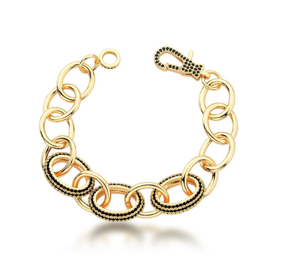 Pulseira Elos Grandes Com Zircônia Negras Folheada a Ouro 18k (159117)