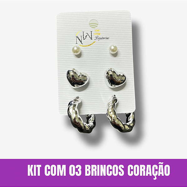Kit com 3 Brincos de Corações Cores Sortidas