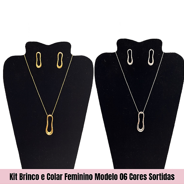 Kit Brinco e Colar Feminino Modelo 06 Cores Sortidas