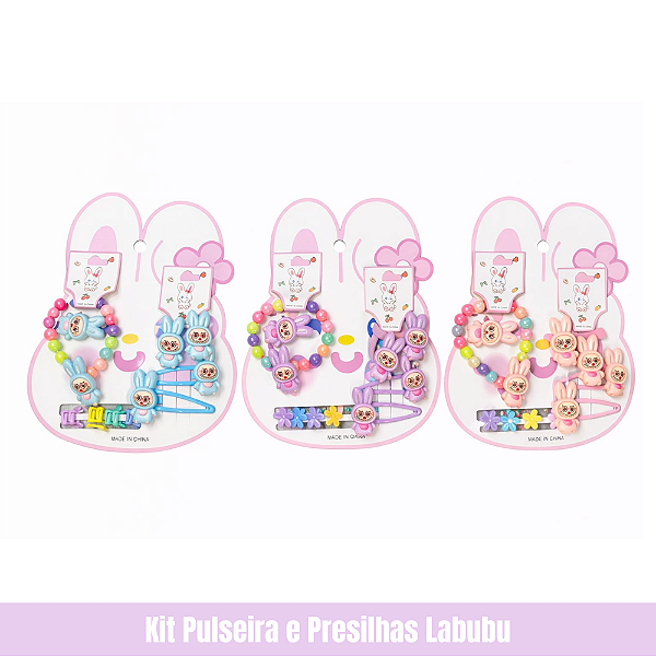 Kit Pulseira e Presilhas Labubu
