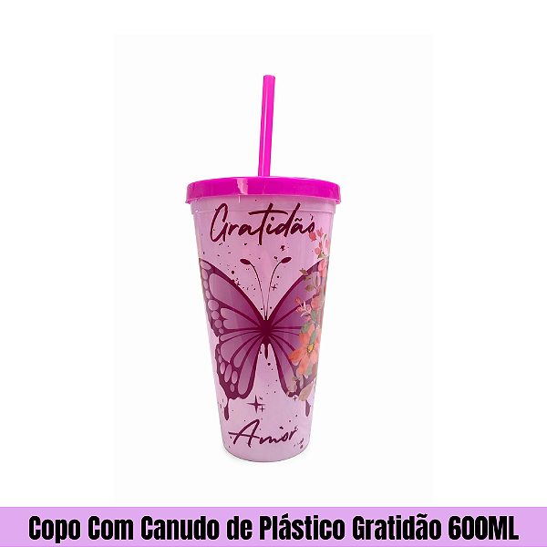 Copo Com Canudo de Plástico Gratidão 600ML