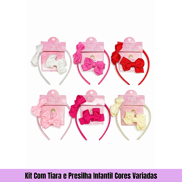 Kit Com Tiara e Presilha Infantil Cores Variadas