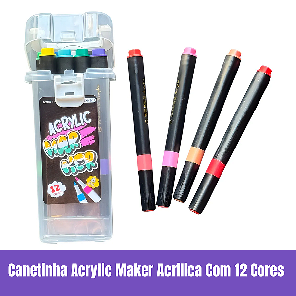 Kit Canetinha Acrylic Maker Acrilica Com 12 Cores Caixinha Preta