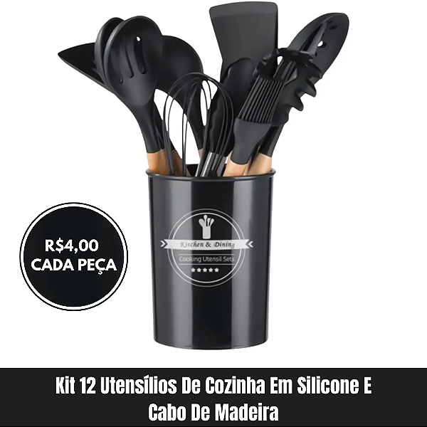 Kit 12 Utensílios De Cozinha Em Silicone E Cabo De Madeira