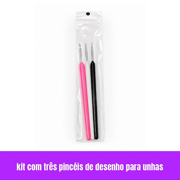 Kit com 3 Pincéis para Desenho de Unhas