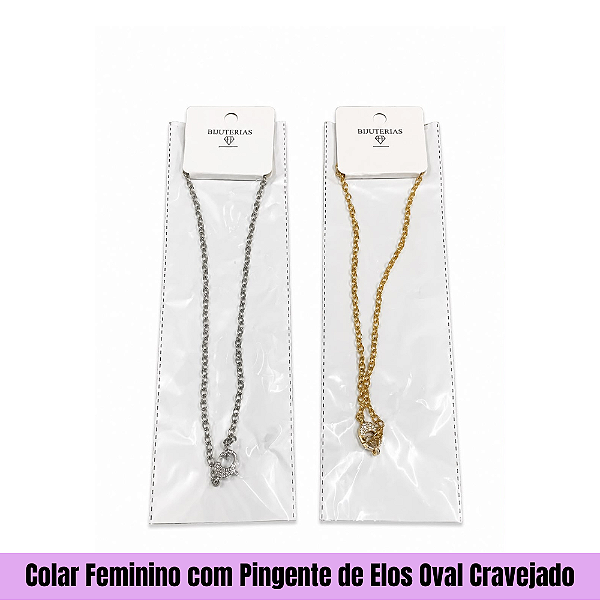 Colar Feminino com Pingente de Elos Oval Cravejado
