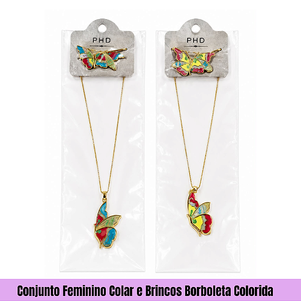Conjunto Feminino Colar e Brincos Borboleta Colorida
