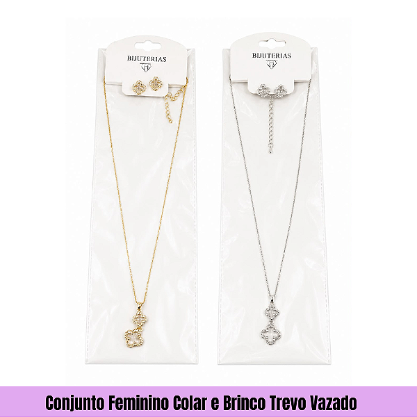 Conjunto Feminino Colar e Brinco Trevo Vazado