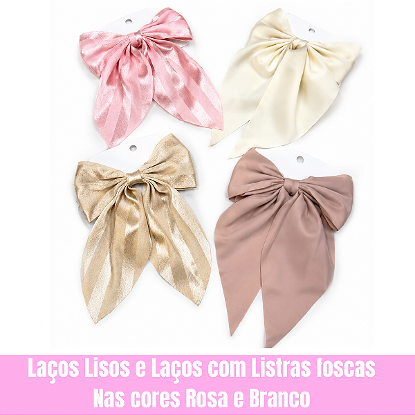 Laços Lisos e Laços com Listras Foscas nas Cores Rosa e Branco