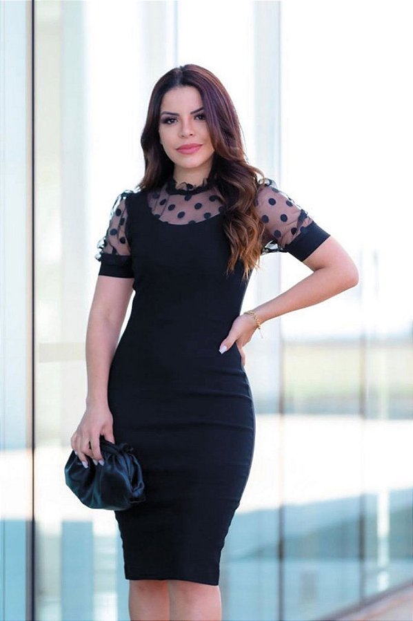 Vestido Tubinho Preto Bengaline Com Recortes Em Tule | Rosarrara