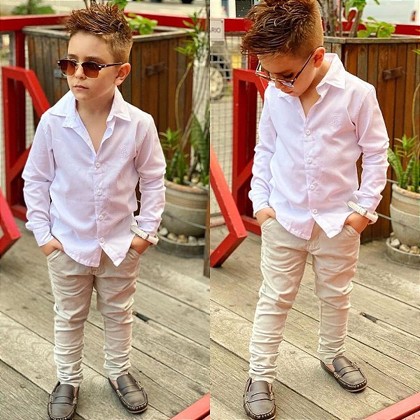 Calça Bege Infantil. Camisa Social Branca Infantil - Carlo Store Kids