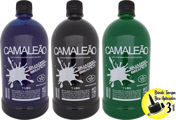 TINTA PREMIUM PARA RECARGA PINCEL MARCADOR DE QUADRO BRANCO - 03 FRASCOS DE 1 LITRO (PRETO/AZUL/VERDE)