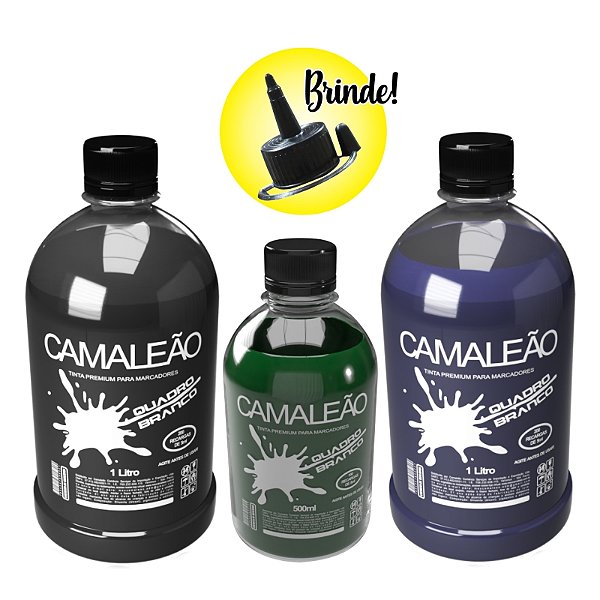 TINTA PREMIUM PARA RECARGA PINCEL MARCADOR DE QUADRO BRANCO - 02 FRASCOS DE 1 LITRO (PRETO/AZUL) + 01 FRASCO 500ML (VERDE)