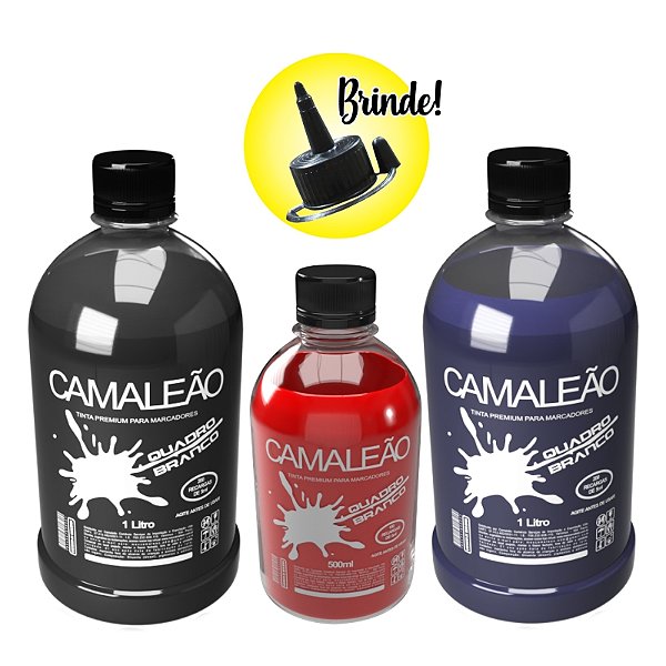 TINTA PREMIUM PARA RECARGA PINCEL MARCADOR DE QUADRO BRANCO - 02 FRASCOS DE 1 LITRO (PRETO/AZUL) + 01 FRASCO 500ML (VERMELHO)