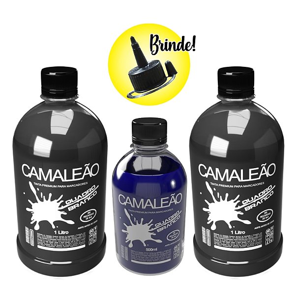 TINTA PREMIUM PARA RECARGA PINCEL MARCADOR DE QUADRO BRANCO - 02 FRASCOS DE 1 LITRO (PRETO/PRETO) + 01 FRASCO 500ML (AZUL)