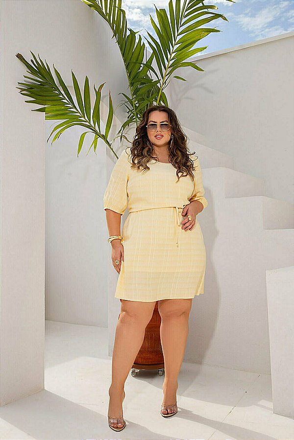 Vestido Curto Textura Amarelo Plus Size