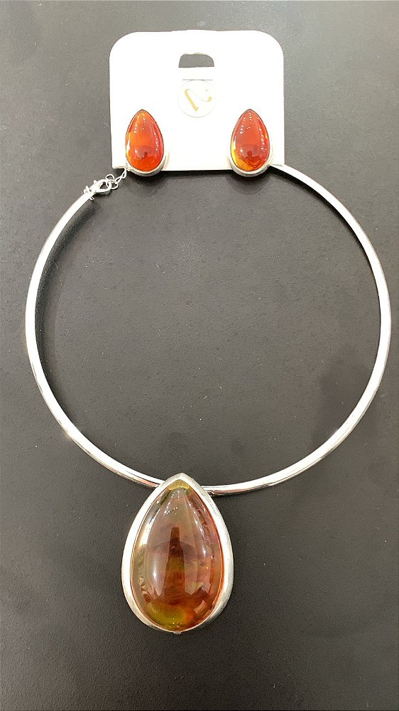 Conjunto Choker com Brinco Metal e Resina Prata