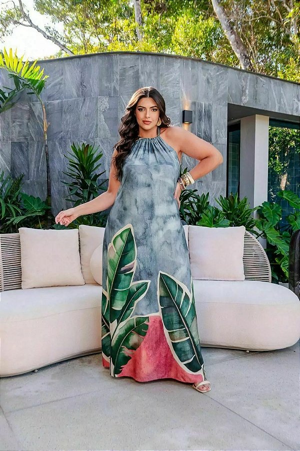 Vestido Longo Estampado Com Amarração No Ombro Plus Size