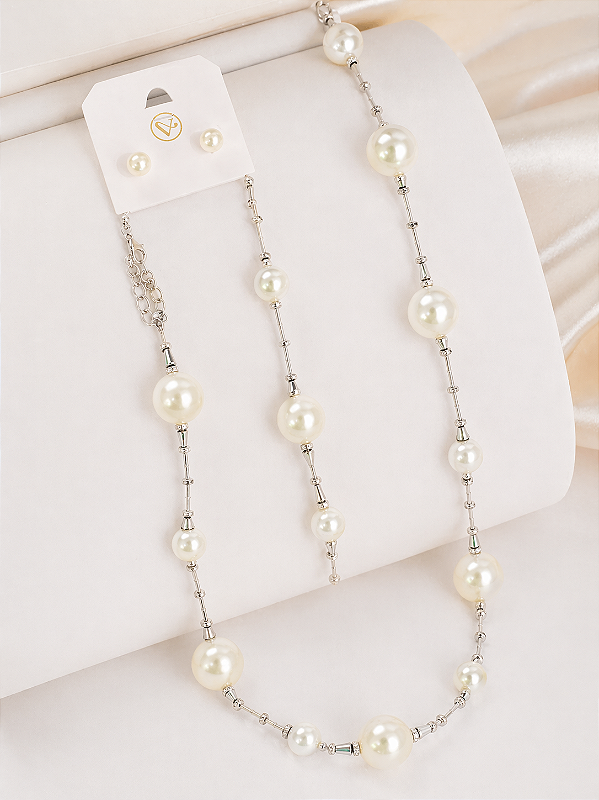 Conjunto Colar C Brinco Metal C Perola