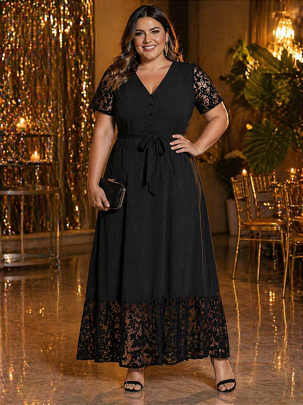 Vestido Longo Liso Decote V Com Botões