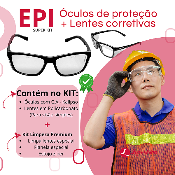 KIT EPI - Óculos de Proteção + Lente para Visão simples - Com Grau