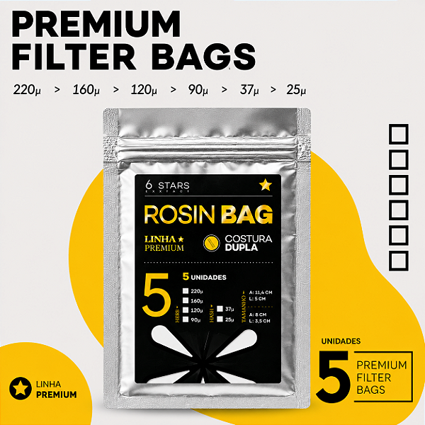 Premium Filter Bag (5 bags)- Costura Dupla - Tamanho 5 x 11,4 cm (padrão).