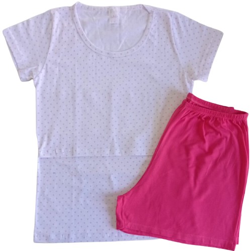 PIJAMA FEMININO COM CAMISA DE MANGA CURTA E ABERTURA PARA AMAMENTAÇÃO E SHORTS - BOLINHA COM SHORTS PINK