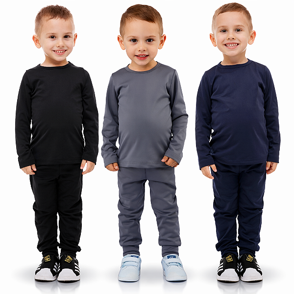 KIT DE 3 CONJUNTOS TÉRMICOS E PELUCIADOS COM BLUSA DE MANGA COMPRIDA E CALÇA INFANTIL UNISSEX PRETO, MARINHO, CHUMBO