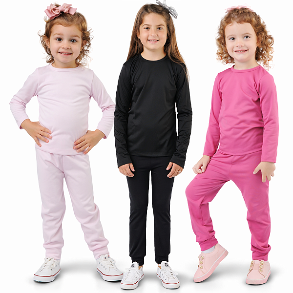 KIT DE 3 CONJUNTOS TÉRMICOS E PELUCIADOS COM BLUSA DE MANGA COMPRIDA E CALÇA INFANTIL PRETO, VIOLETA, ROSA BEBÊ
