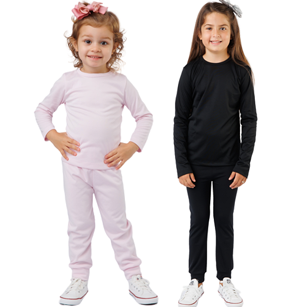 KIT DE 2 CONJUNTOS TÉRMICOS E PELUCIADOS COM BLUSA DE MANGA COMPRIDA E CALÇA INFANTIL UNISSEX 1 AO 14 - PRETO E ROSA BEBÊ