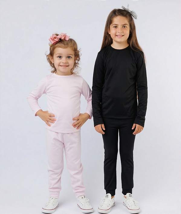 KIT DE 2 CONJUNTOS TÉRMICOS E PELUCIADOS COM BLUSA DE MANGA COMPRIDA E CALÇA INFANTIL UNISSEX 1 AO 14 - PRETO E ROSA BEBÊ