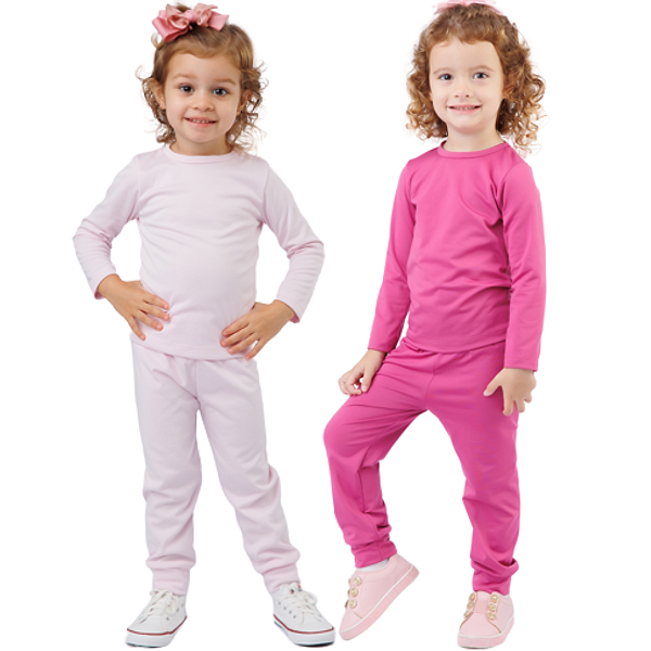 KIT DE 2 CONJUNTOS TÉRMICOS E PELUCIADOS COM BLUSA DE MANGA COMPRIDA E CALÇA INFANTIL UNISSEX 1 AO 14 - VIOLETA E ROSA BEBÊ