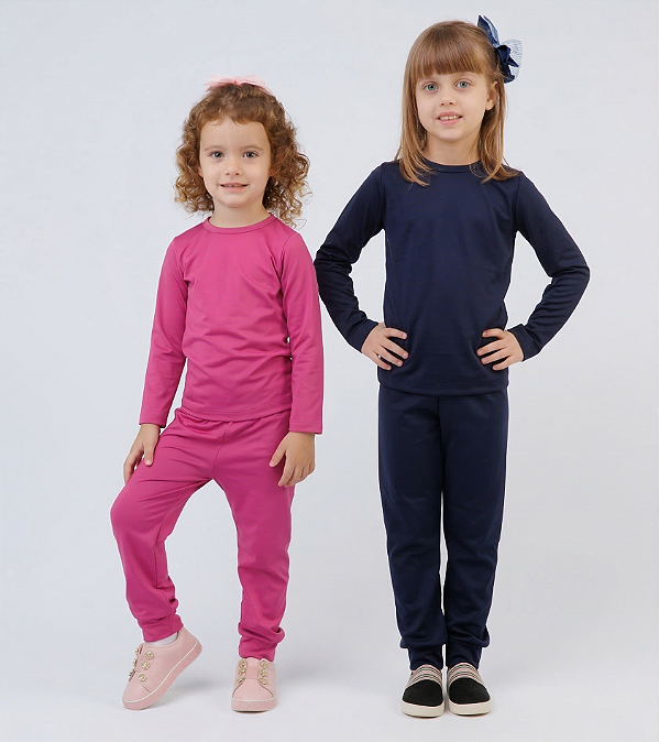 KIT DE 2 CONJUNTOS TÉRMICOS E PELUCIADOS COM BLUSA DE MANGA COMPRIDA E CALÇA INFANTIL UNISSEX 1 AO 14 - VIOLETA E MARINHO