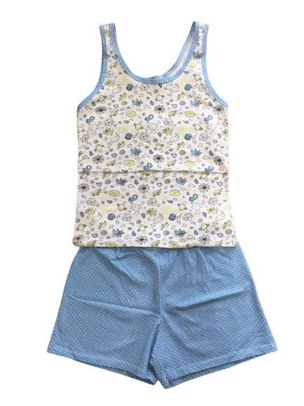 PIJAMA FEMININO REGATA COM ABERTURA PARA AMAMENTAÇÃO E SHORTS - BRANCO E AZUL BOLINHA