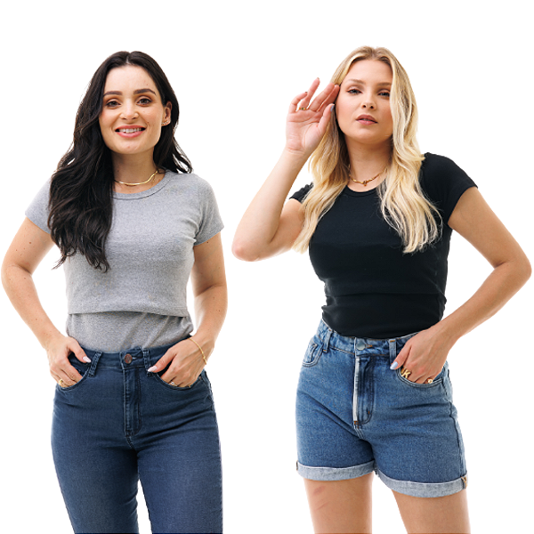 KIT COM 2 CAMISAS DE MANGA CURTA FEMININA COM ABERTURA PARA AMAMENTAÇÃO - MESCLA E PRETA