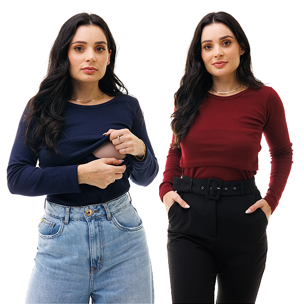 KIT COM 2 BLUSAS FEMININAS DE MANGA LONGA E GOLA REDONDA COM ABERTURA PARA AMAMENTAÇÃO - MARINHO E MARSALA