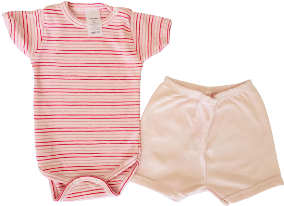 CONJUNTO DE PIJAMA INFANTIL COM BODY DE MANGA CURTA E SHORTS UNISSEX - LISTRA PINK E FUNDO ROSA