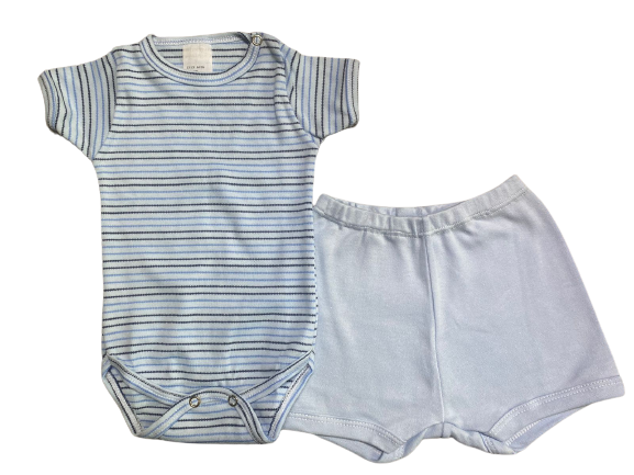 CONJUNTO DE PIJAMA INFANTIL COM BODY DE MANGA CURTA E SHORTS UNISSEX - LISTRAS PRETA E AZUL