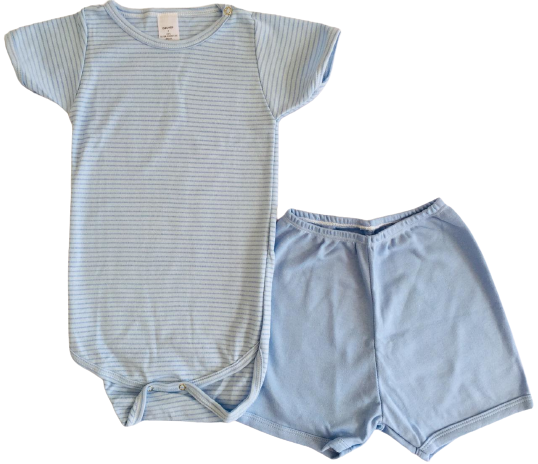CONJUNTO DE PIJAMA INFANTIL COM BODY DE MANGA CURTA E SHORTS UNISSEX - LISTRAS AZUL E FUNDO AZUL