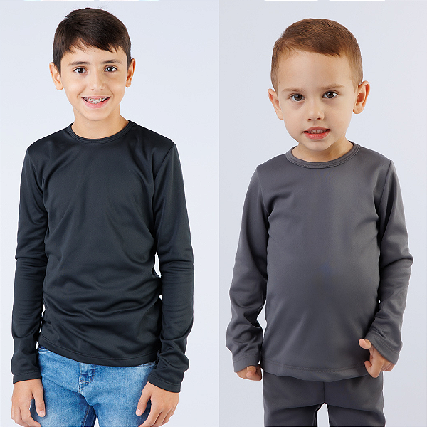 KIT DE 2 BLUSAS INFANTIL TÉRMICAS DE MANGA LONGA E PELUCIADAS UNISSEX - 1 AO 14 ANOS - PRETA E CHUMBO