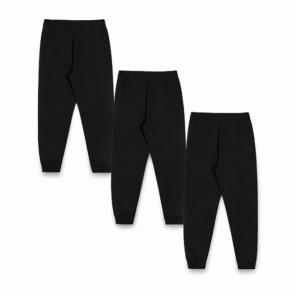 KIT COM 3 CALÇAS DE MOLETOM COM PUNHO INFANTIL E UNISSEX - 1 AO 16 ANOS - 3 PRETAS