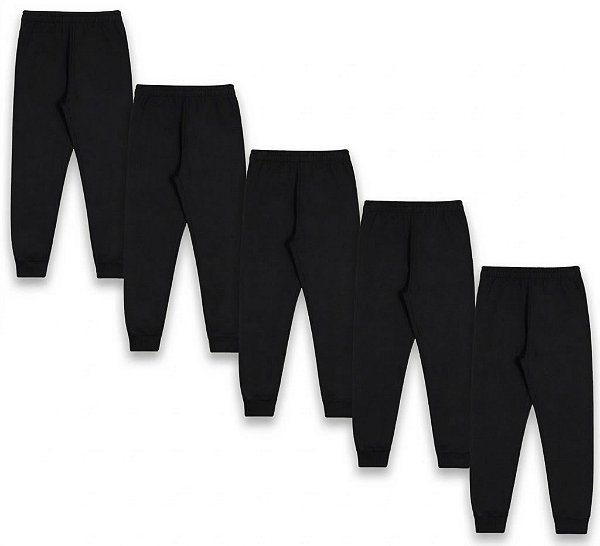 KIT COM 5 CALÇAS DE MOLETOM COM PUNHO INFANTIL E UNISSEX - 1 AO 16 ANOS - 5 PRETAS