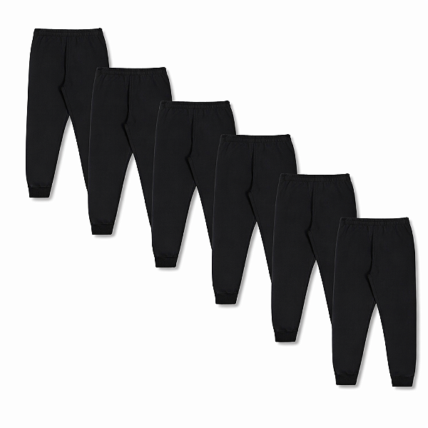 KIT COM 6 CALÇAS DE MOLETOM COM PUNHO INFANTIL E UNISSEX - 1 AO 16 ANOS - 6 PRETAS