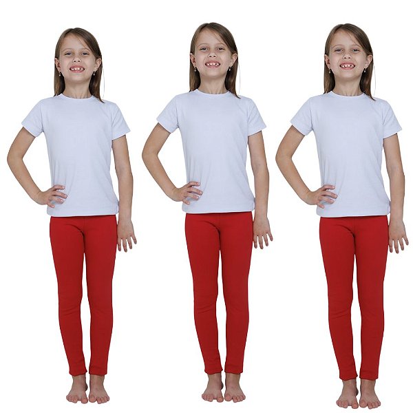 KIT DE 3 CALÇAS LEGGING DE RIBANA INFANTIL PARA MENINAS 1 AO 14 ANOS - 3 VERMELHAS
