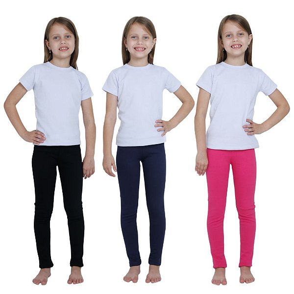 KIT DE 3 CALÇAS LEGGING DE RIBANA INFANTIL PARA MENINAS 1 AO 14 ANOS - PRETA, MARINHO E PINK